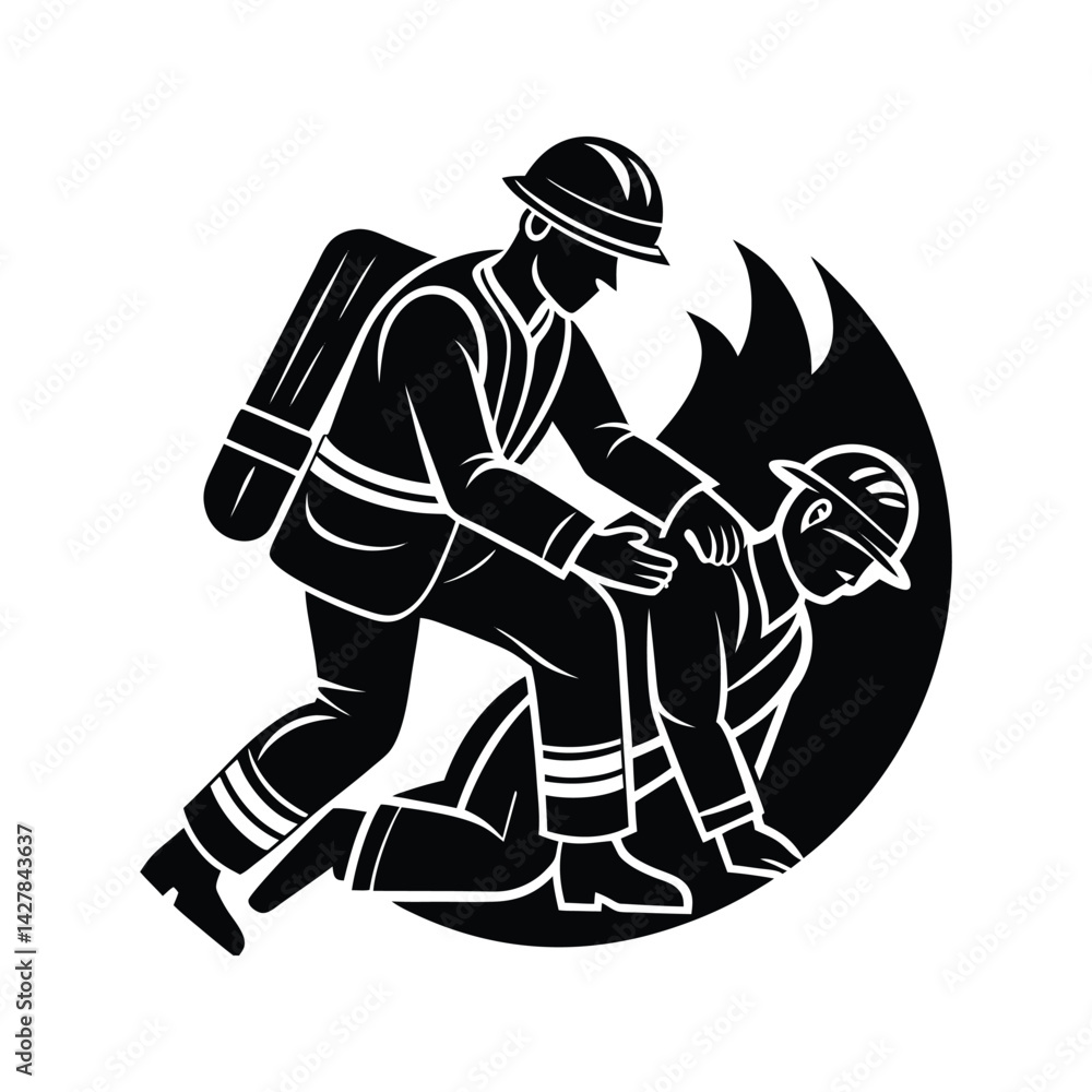 Firefighter carrying rescued person icon silhouette vector with white background Firefighter carrying rescued person icon silhouette vector with white background