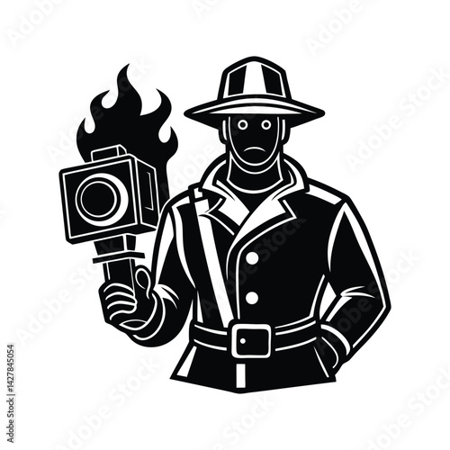 Firefighter using thermal imaging icon silhouette vector with white background