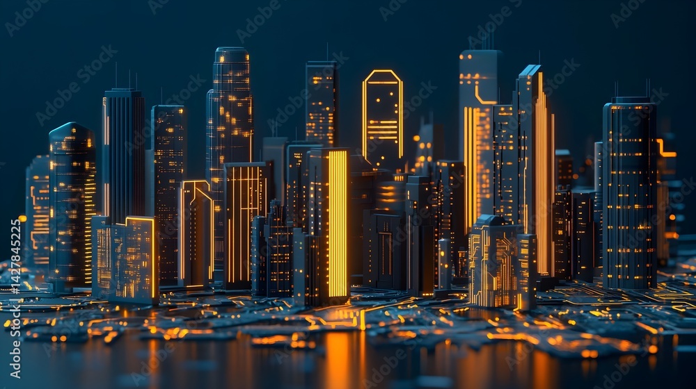 Fototapeta premium Futuristic Cityscape with Glowing Circuit Board Elements and Lights