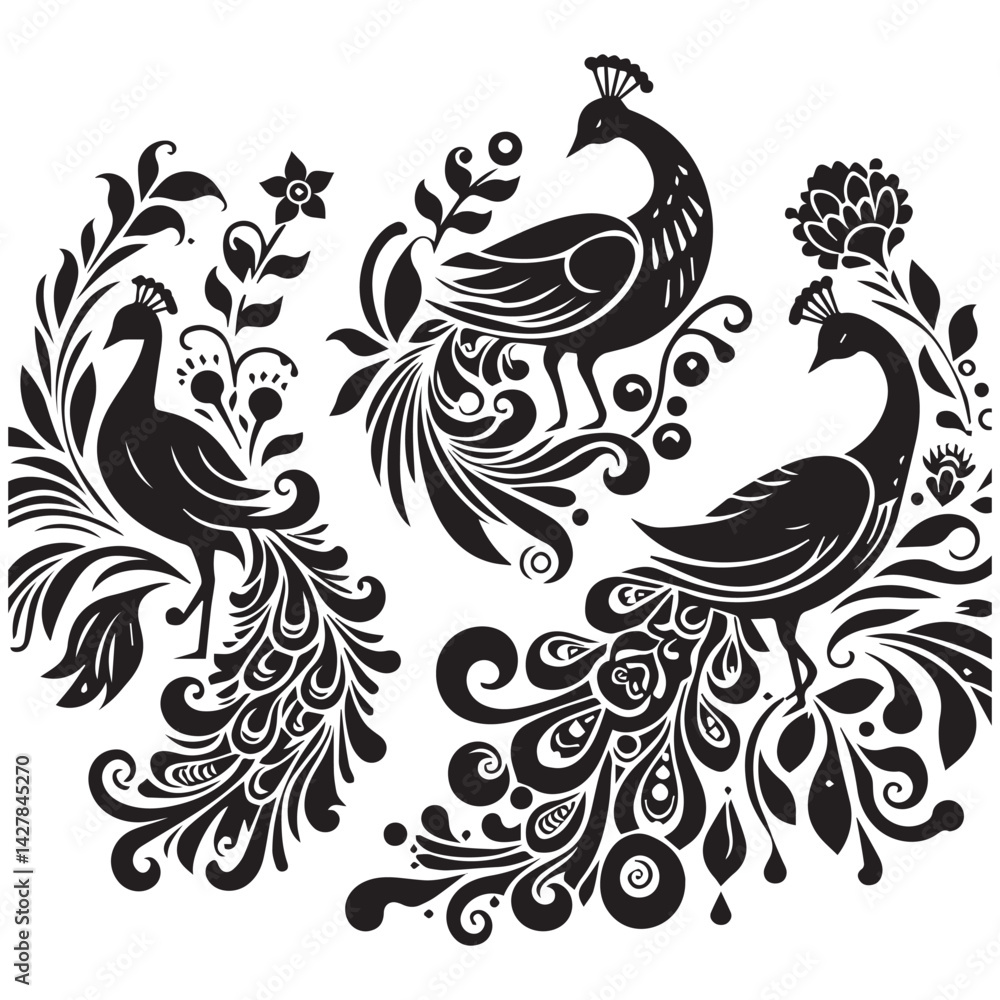 create peacock bird Silhouette with white background create peacock bird Silhouette with white background
