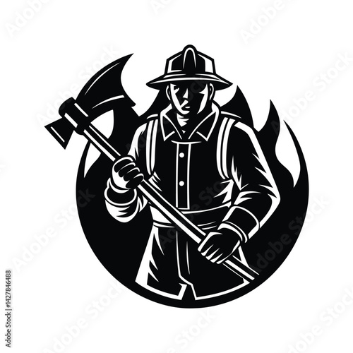 Axe-wielding firefighter icon silhouette vector with white background