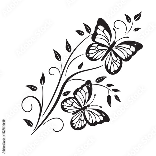 Black and white illustration, elegant butterfly motif, floral vine design, intricate line art.