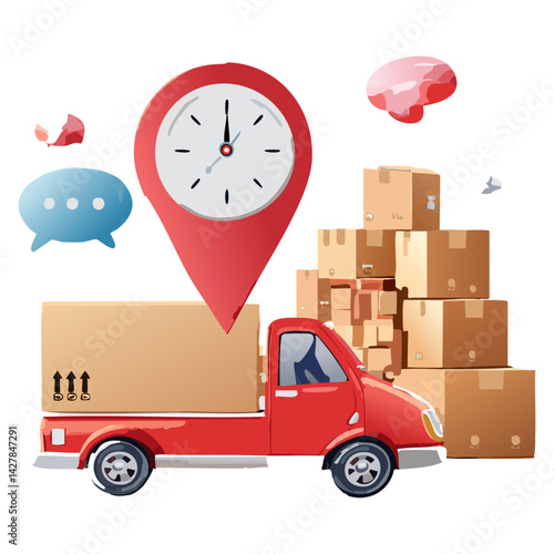 Creative Depiction of a Red Delivery Truck Surrounded by Key Elements Such as Location Pins and Clocks Emphasizes the Importance of Monitoring Deliveries and Enhancing Customer Communication in Logist