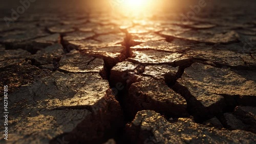 Cracked Earth under Sun's Gaze: Witness the raw, untamed beauty of our planet as the sun's intense rays scorch the earth, creating an intricate mosaic of cracks and fissures.