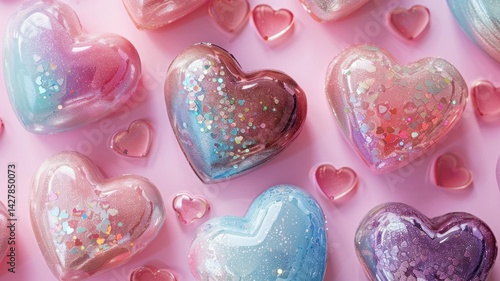 A pastel pink image with multiple iridescent glitter-filled heart decorations.
