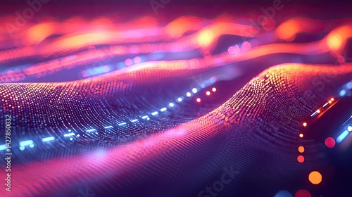 Lights of glowing fiber optic cables showing network connectors concept. Colorful abstract lines creating a vibrant digital wave pattern.