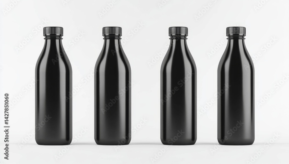 Four black glossy plastic bottles arranged in a row Four black glossy plastic bottles arranged in a row