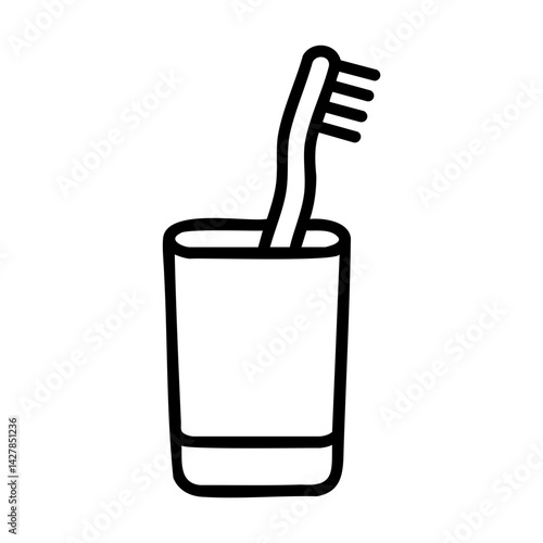 Simple black line illustration of a toothbrush in a cup, ideal for oral hygiene, bathroom signs, or health-related content.