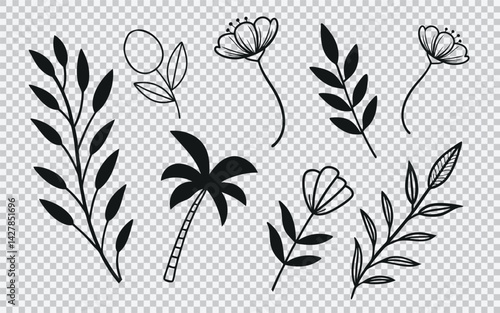 Botanical black floral silhouette elements with tropical and wildflower illustrations, ideal for elegant decoration, modern design projects, invitations, crafts, and eco-friendly themes.

