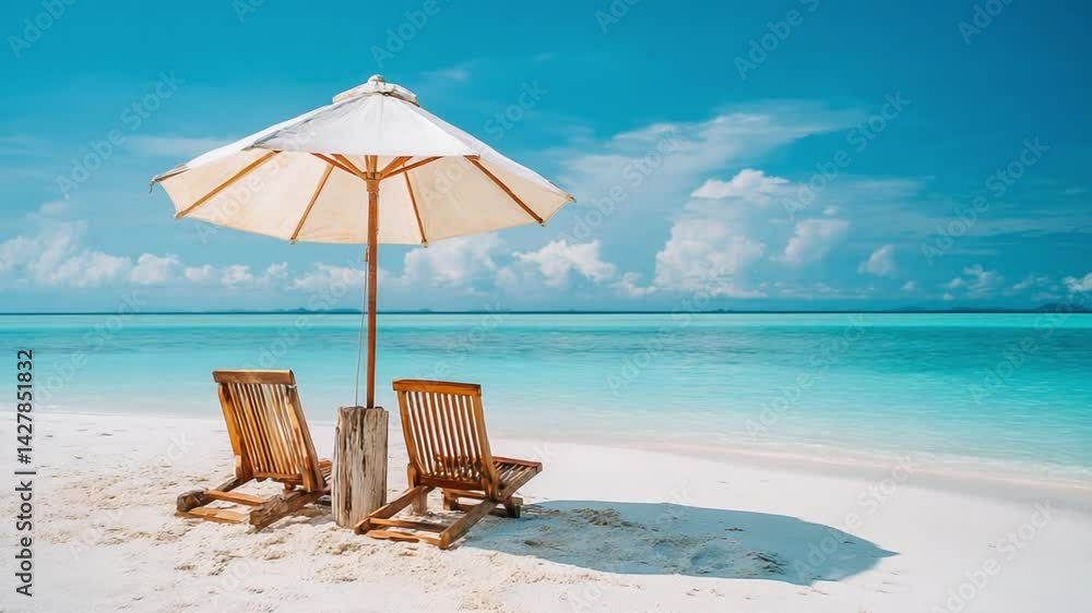 Tropical Beach Relaxation: Two wooden beach chairs sit beneath a white parasol on a pristine, sandy beach, overlooking a tranquil turquoise ocean under a vibrant blue sky.  