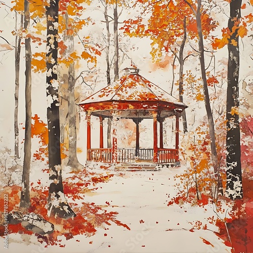 Autumn scene featuring a gazebo surrounded by vibrant fall foliage in a serene park