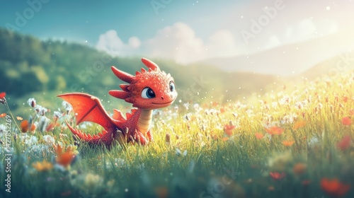 A cute, small, blue dragon with large amber eyes, tiny wings, and red inner ears sits in the snow.