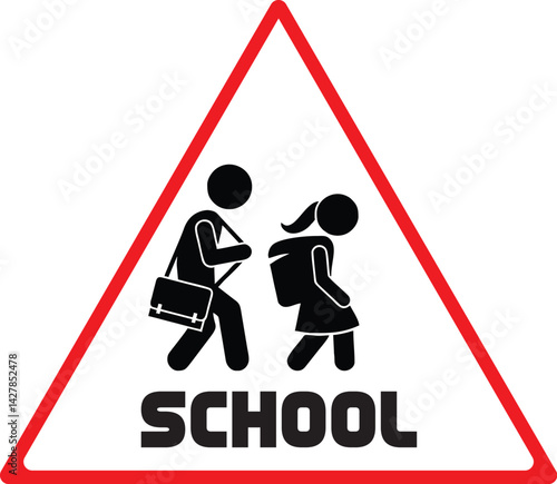 school zone warning sign with children walking symbol inside red triangle for traffic and pedestrian safety