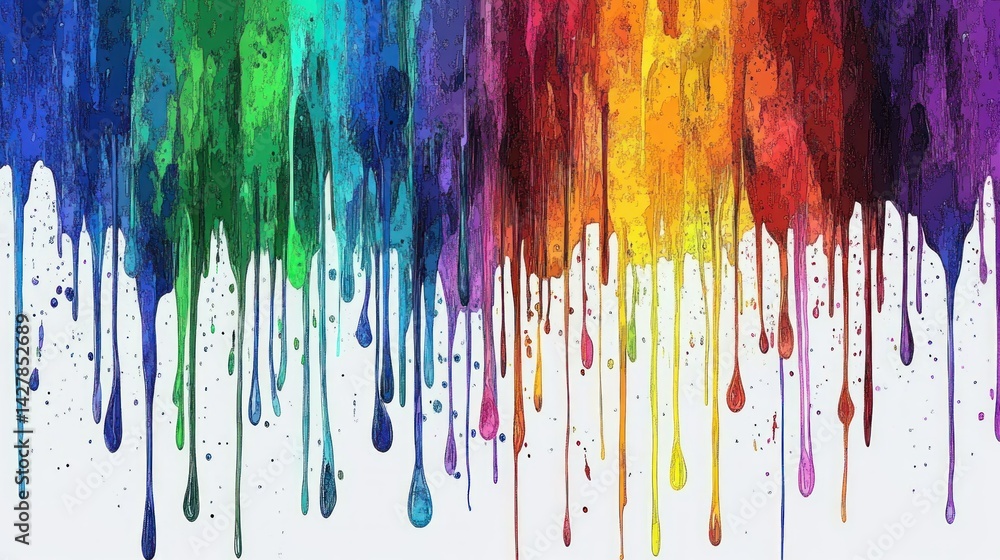 Fototapeta premium Vibrant drips of paint cascade across a white background.