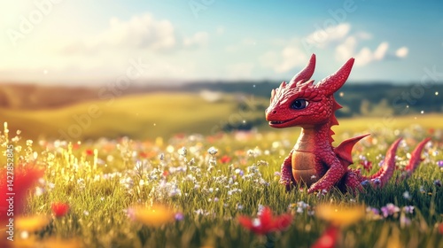A cute, small, blue dragon with large amber eyes, tiny wings, and red inner ears sits in the snow.