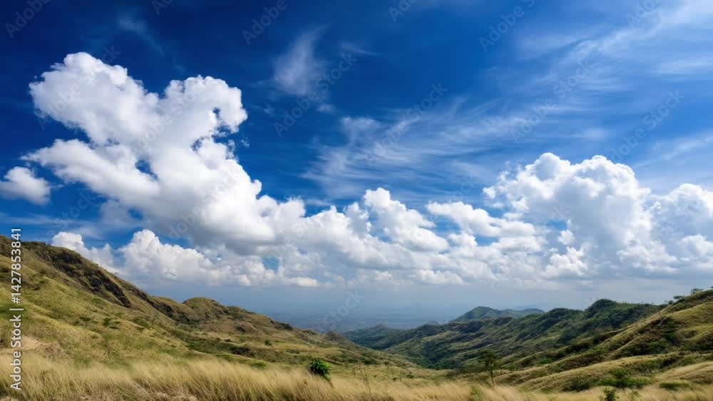 Azure Embrace: A landscape of rolling hills gracefully meets the sky's endless canvas, where fluffy clouds dance amidst the bright, invigorating blue.