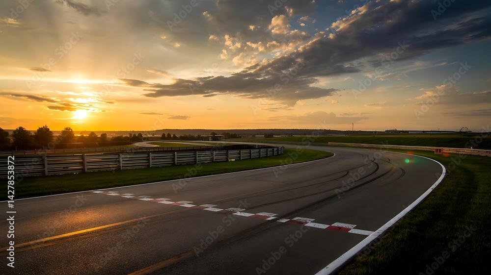 Fototapeta premium An empty race track during a beautiful sunset, highlighting the path and course