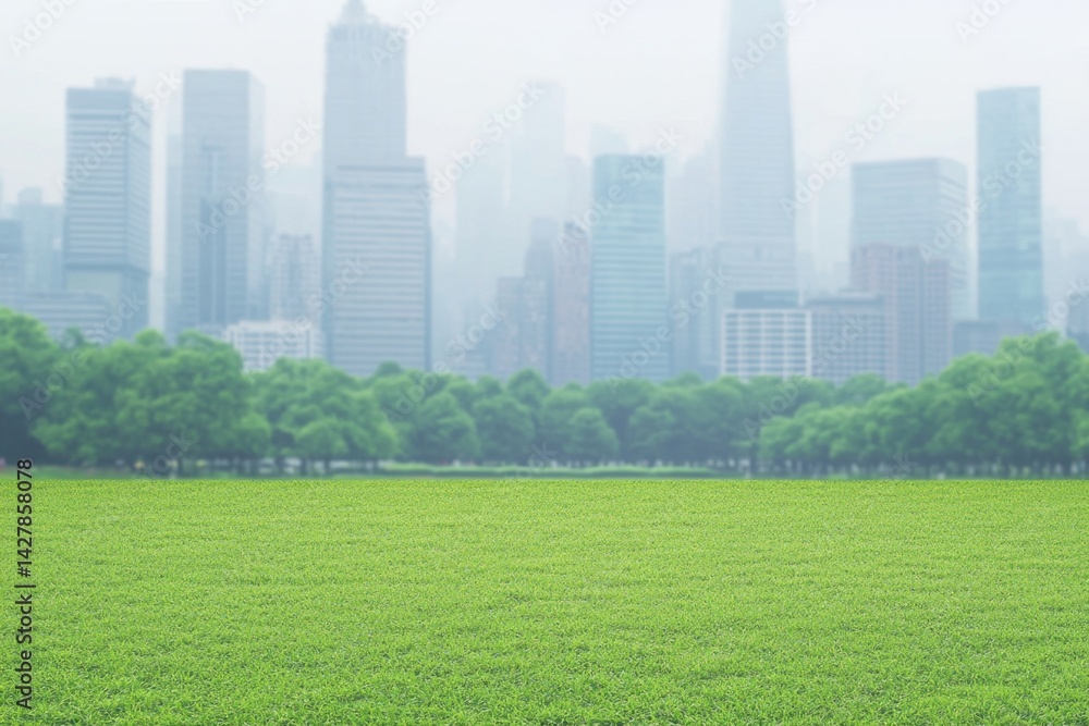 Obraz premium Lush green lawn with cityscape in the background. A tranquil urban park scene