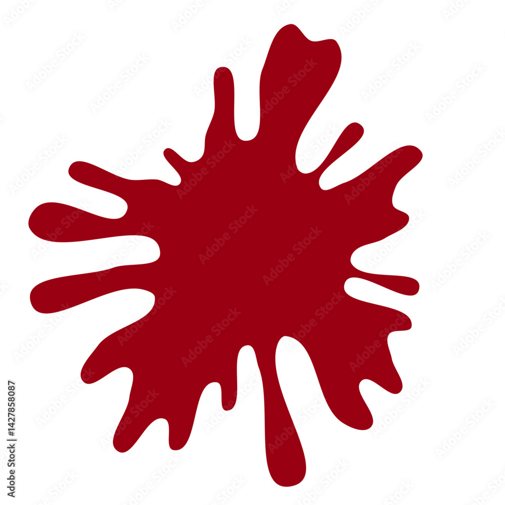 A large, irregular splash of deep red paint or liquid against a white background. A large, irregular splash of deep red paint or liquid against a white background.