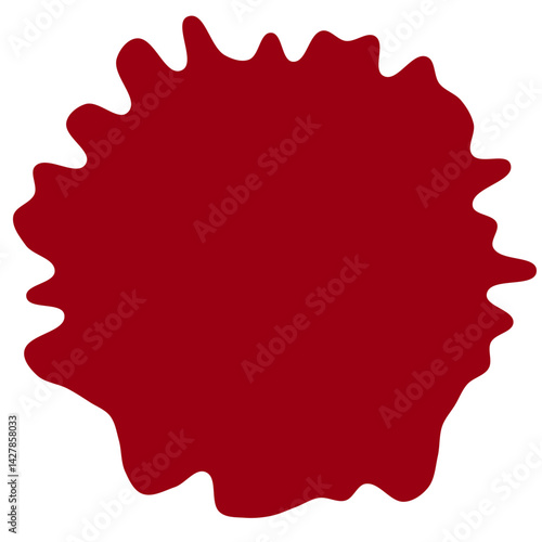 A large, irregularly shaped stain in deep red color, resembling a paint splatter or a drop of ink on a white background.
