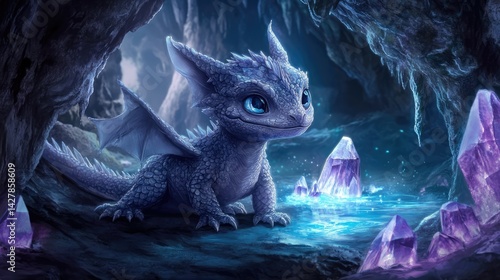 A cute, small, blue dragon with large amber eyes, tiny wings, and red inner ears sits in the snow.