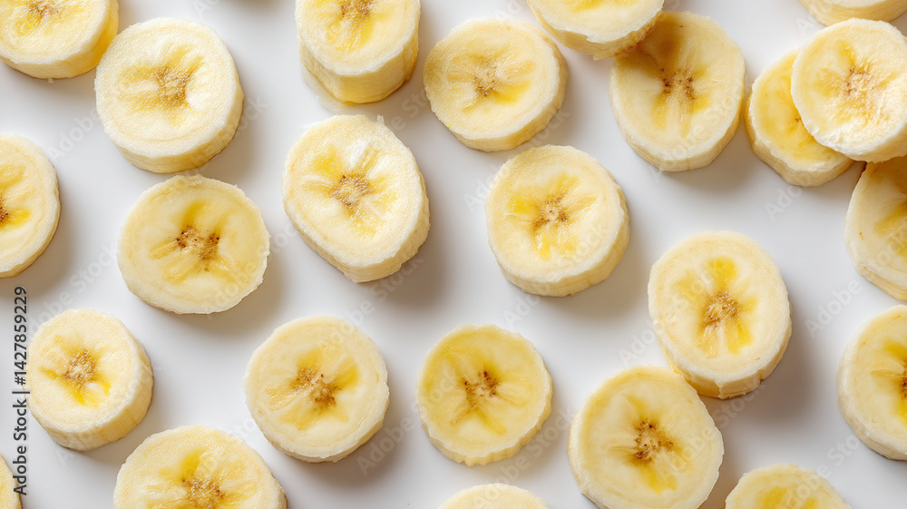 Sliced bananas arranged on white background create fresh and vibrant pattern Sliced bananas arranged on white background create fresh and vibrant pattern
