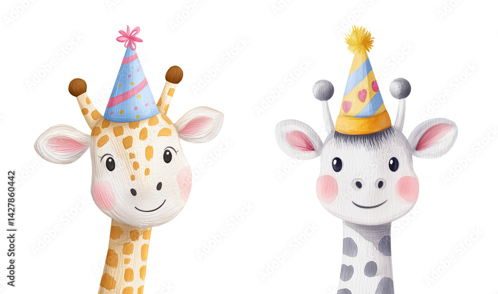 Fototapeta premium Head of happy giraffe in party hat. Children's illustration of stylized animal for design greeting card, pencil drawing. Isolated clipart with clear even edge on transparent background