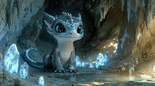 A cute, small, blue dragon with large amber eyes, tiny wings, and red inner ears sits in the snow.