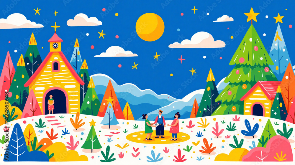 Obraz premium Illustration of winter landscape at Christmas time.