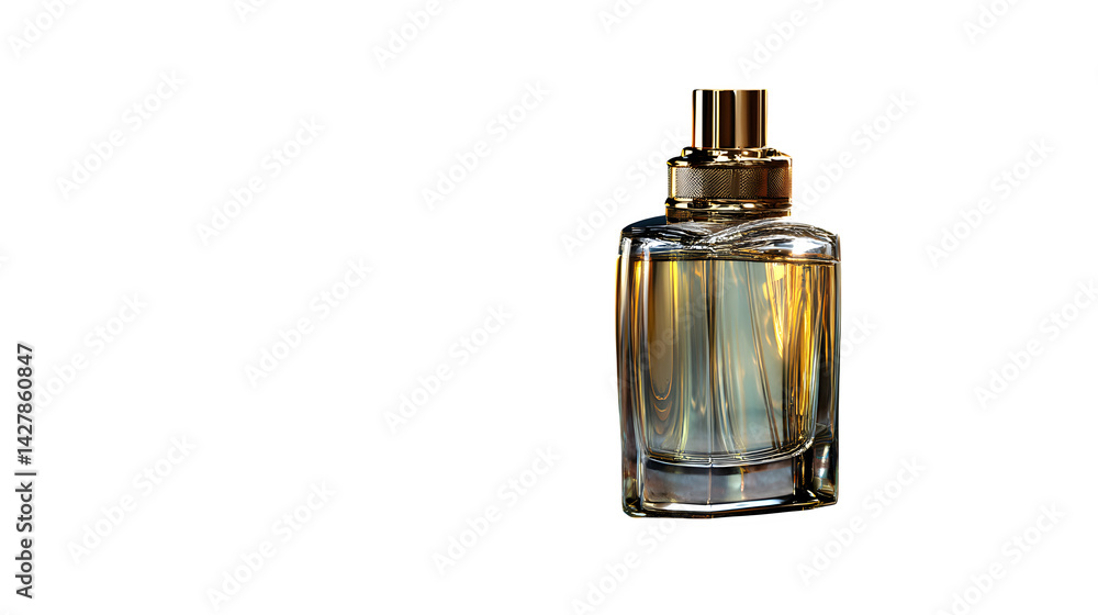 Elegant perfume bottle with a golden cap placed on a dark background with soft lighting Elegant perfume bottle with a golden cap placed on a dark background with soft lighting