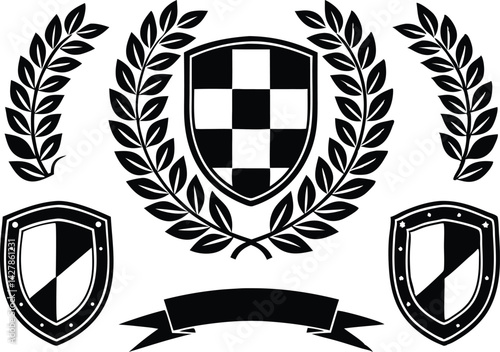 Black and White Racing Flags with Laurel Wreath Shields vector illustration 
