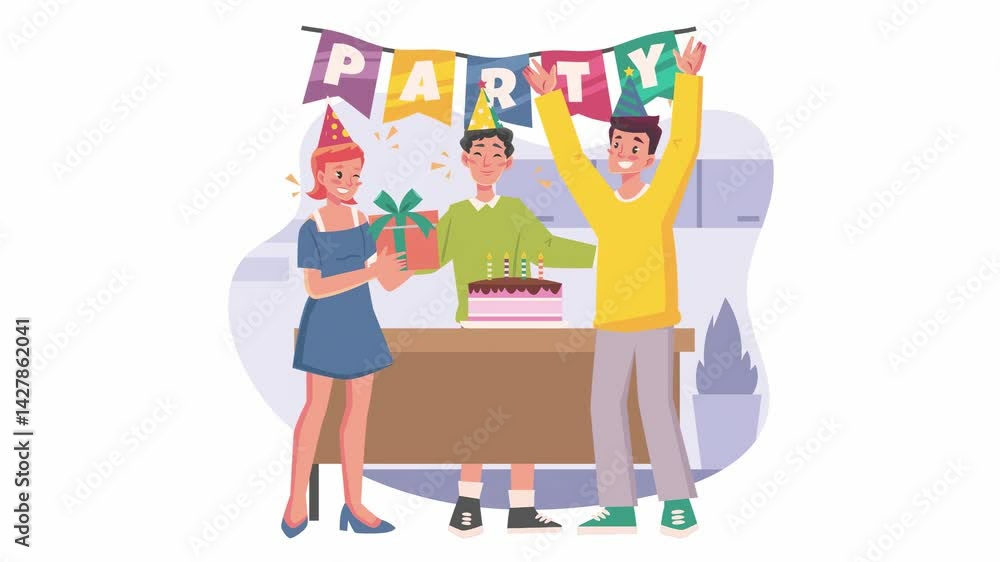Office Party with Cake Vector Explainer Video Scene Office Party with Cake Vector Explainer Video Scene