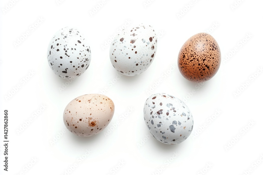 Fototapeta premium Variety of speckled eggs arranged on white background