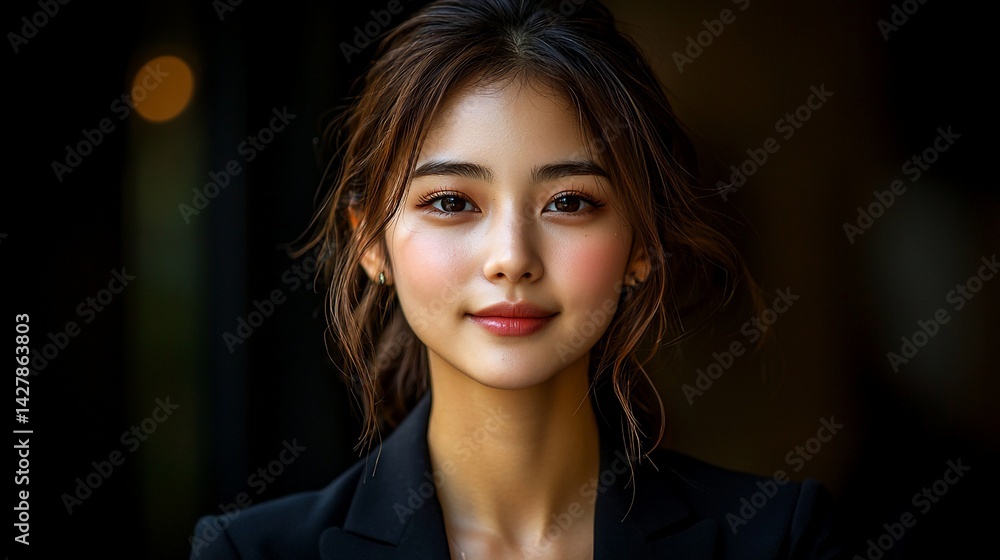 Woman portrait, dark background, confident expression, business attire Woman portrait, dark background, confident expression, business attire