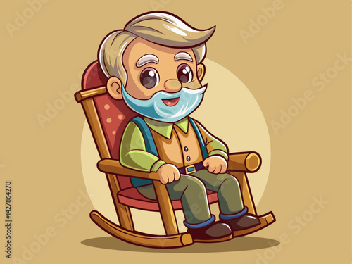 A cute vector of a cartoon old man sitting in a rocking chair, placed on a solid beige background