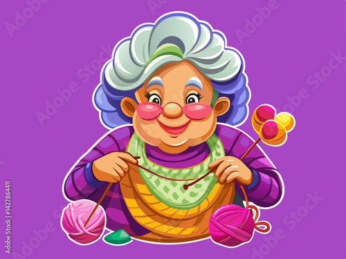 A sweet vector of a smiling cartoon granny knitting, placed on a solid pastel purple background