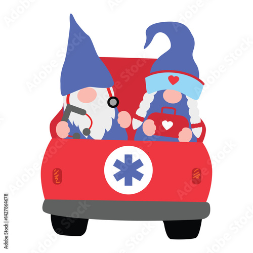 Cute Cartoon Gnomes with Ambulance car, Vector illustration