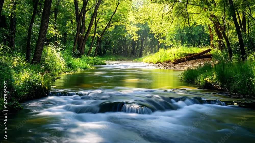 Serene river flows through lush green forest, where vibrant trees bask in soft sunlight, creating tranquil landscape filled with natures beauty and soothing sound of water. Serene river flows through lush green forest, where vibrant trees bask in soft sunlight, creating tranquil landscape filled with natures beauty and soothing sound of water.