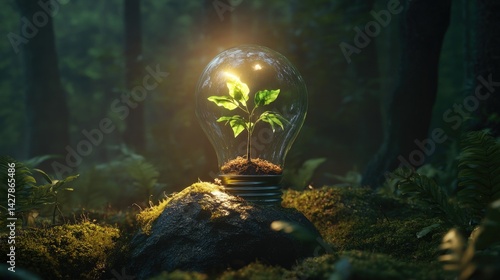 a green light bulb with a plant inside of it, green energy, environmental light