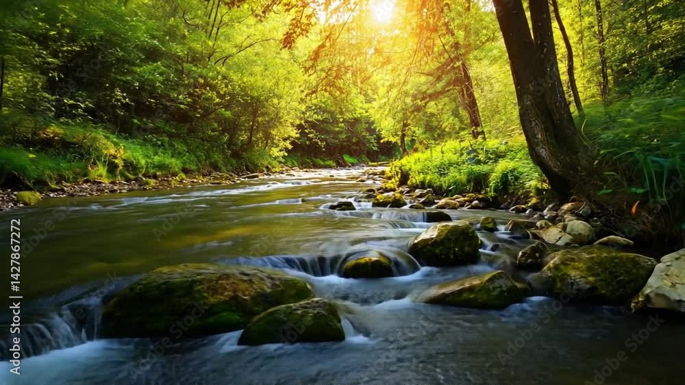Tranquil Landscape Serene River Flows Through Lush Green Forest, Bathed in Sunlight, Where Water Cascades Over Rocks, Inviting Natures Peaceful Atmosphere. Tranquil Landscape Serene River Flows Through Lush Green Forest, Bathed in Sunlight, Where Water Cascades Over Rocks, Inviting Natures Peaceful Atmosphere.