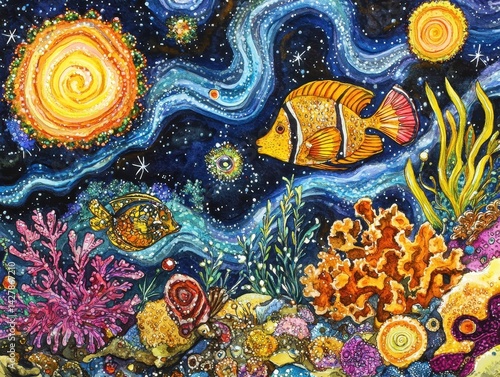 Wallpaper Mural Vibrant coral reef scene with celestial elements. Torontodigital.ca