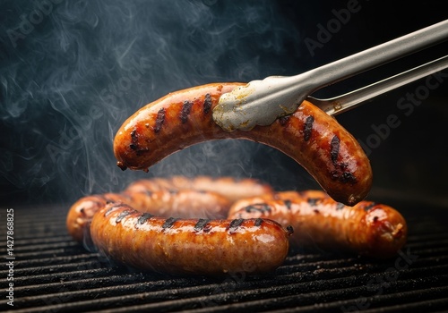 Grilled sausages on barbecue grill with smoke