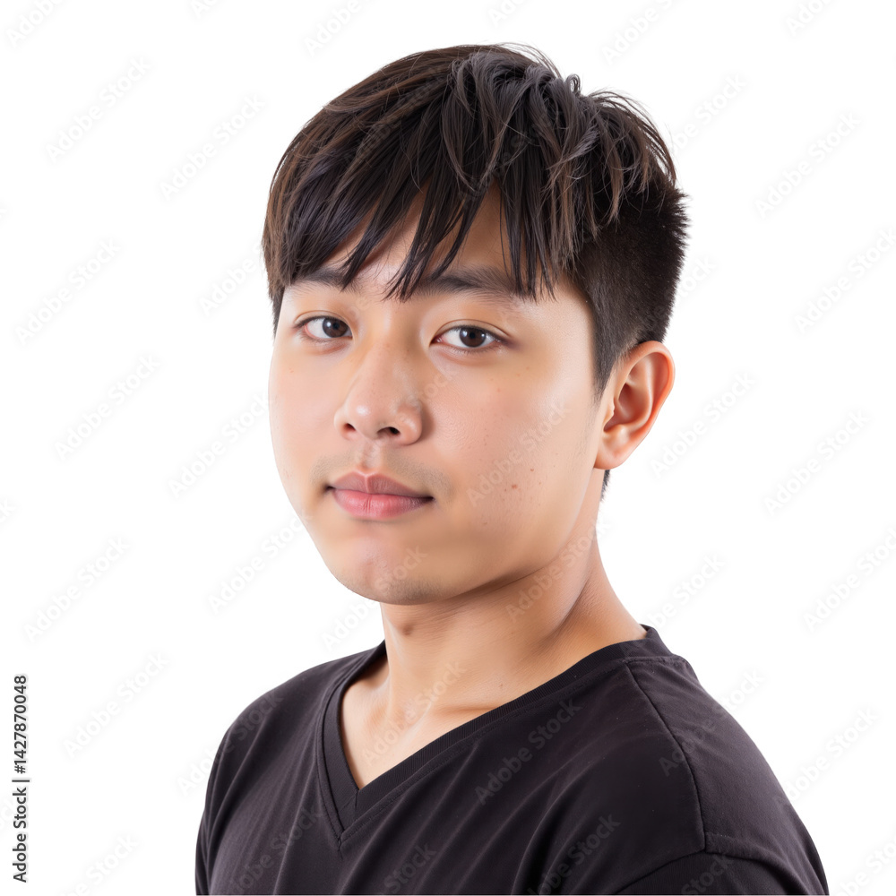 Portrait of a Young Asian Male with Short Hair Wearing a Black T-Shirt Against a transparent background Portrait of a Young Asian Male with Short Hair Wearing a Black T-Shirt Against a transparent background