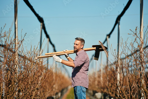 Obraz na płótnie Man with gardening tools for maintaining blueberries organic farm. w salonie