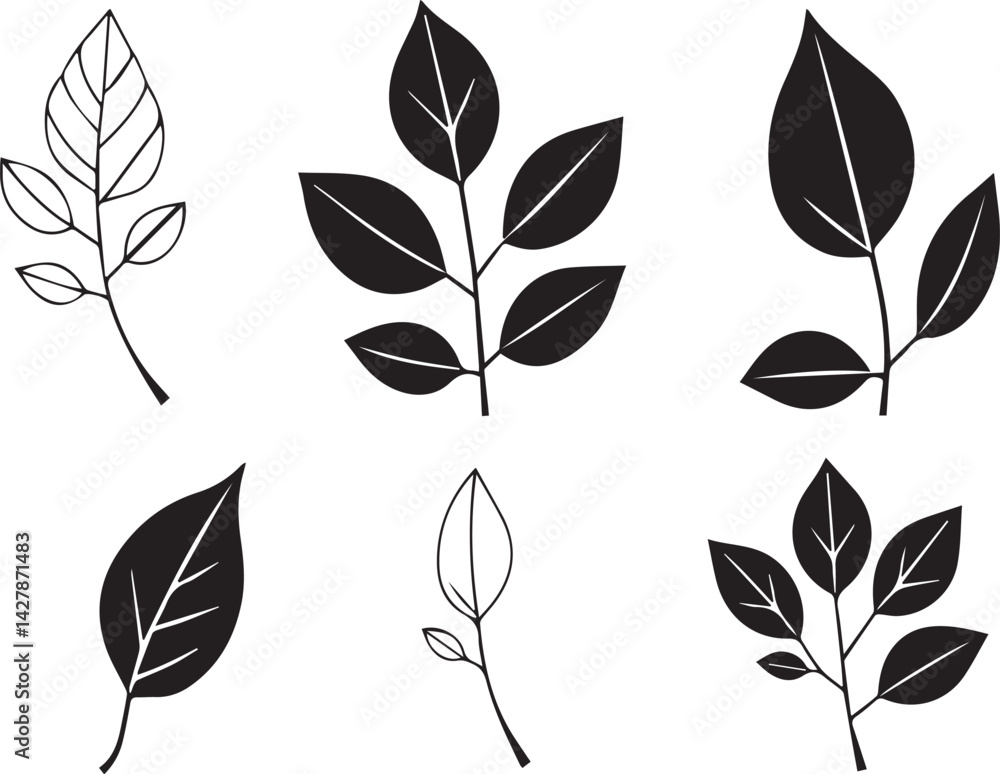Set of leaves, flat silhouette. Hand drawn vector illustration Set of leaves, flat silhouette. Hand drawn vector illustration