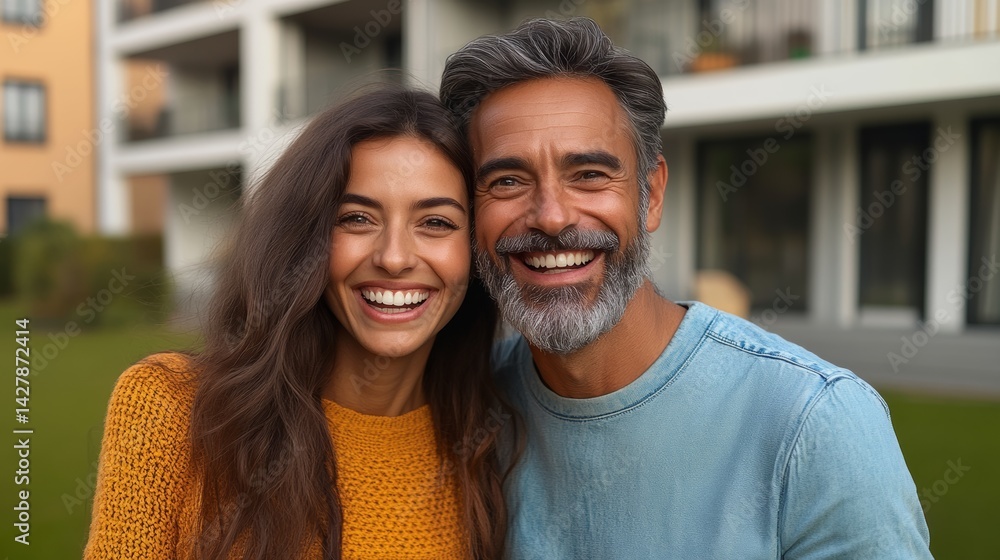 Fototapeta premium Man and woman are smiling for the camera. The man is wearing a blue shirt and the woman is wearing a yellow sweater. They are both happy and enjoying the moment