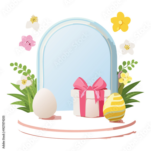 Happy easter pink pedestal product display stand or podium with gift box and egg and flower on pastel pink background.