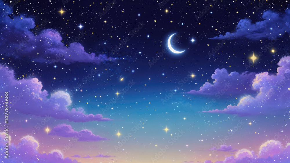 Fototapeta premium 雲の向こうに見える星空と月、夜景