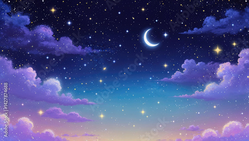 雲の向こうに見える星空と月、夜景