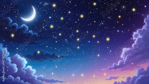 雲の向こうに見える星空と月、夜景